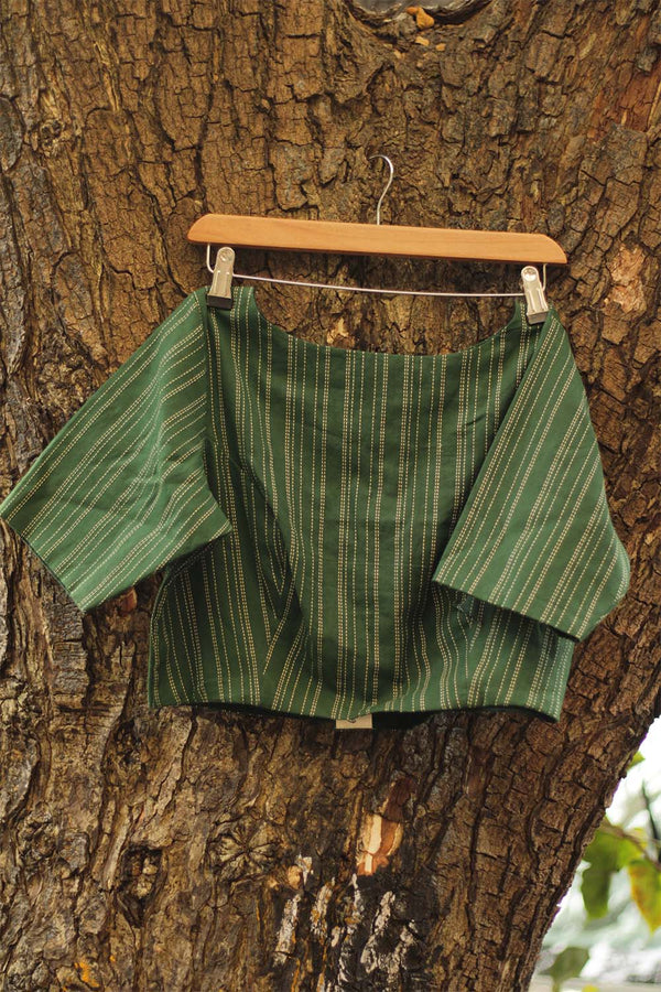 Potli buttons | Sleeved Blouse | Kantha Cotton Green