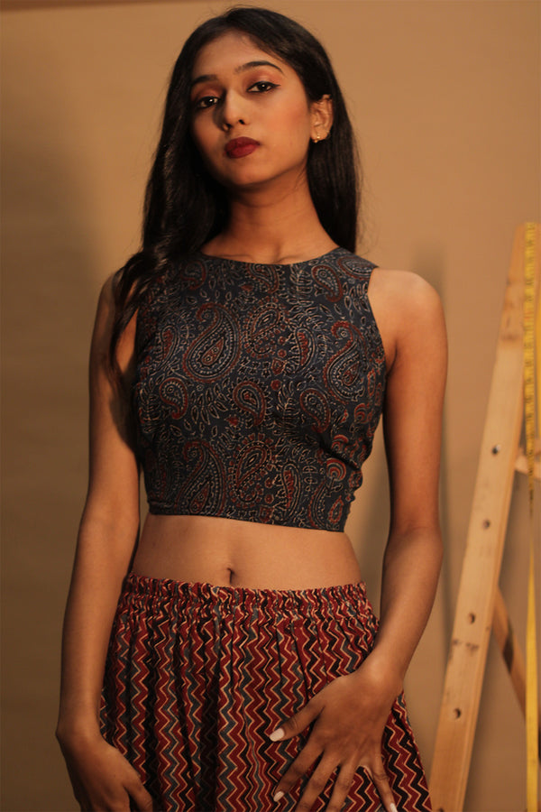 Mastaani | Reversible Blouse | Noir with Navy Kairi & Chevron Ajrakh