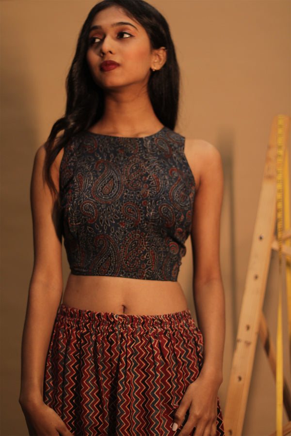 Mastaani | Reversible Blouse | Noir with Navy Kairi & Chevron Ajrakh