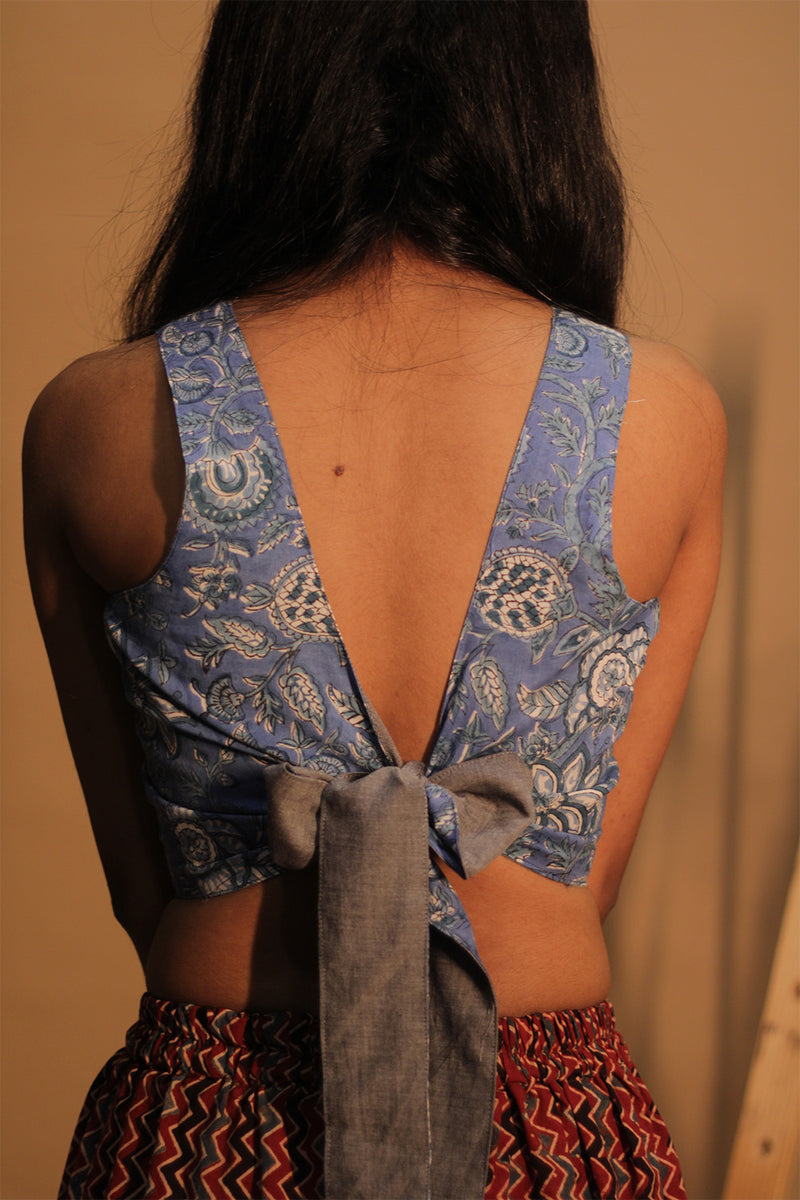 Mastaani | Reversible Blouse | Slate Grey & Blue Floral Sanganeri