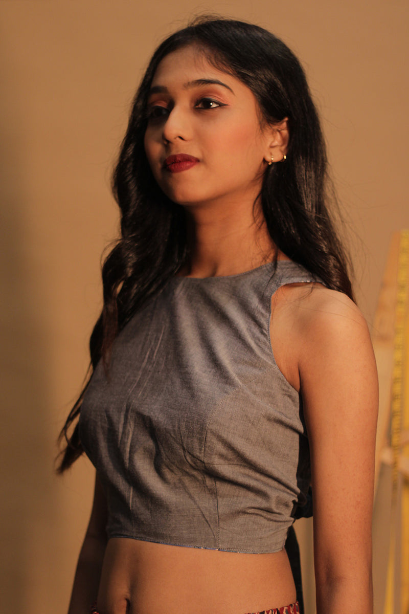 Mastaani | Reversible Blouse | Slate Grey & Blue Floral Sanganeri