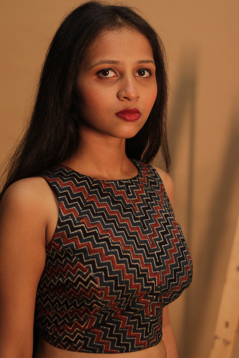 Mastaani | Reversible Blouse | Noir & Blue Ajrakh Chevron