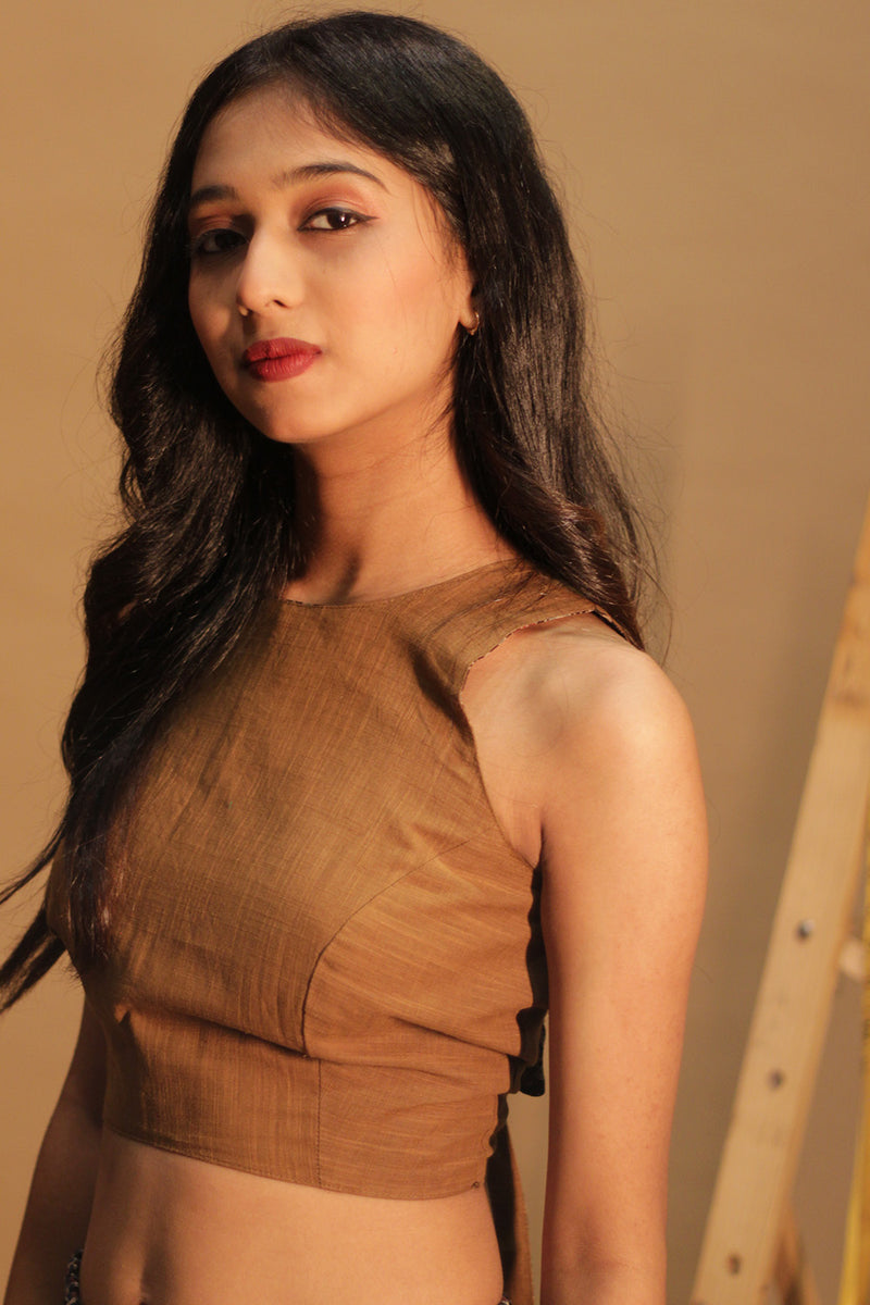 Mastaani | Reversible Blouse | Tan Brown with Noir Florals Ajrakh