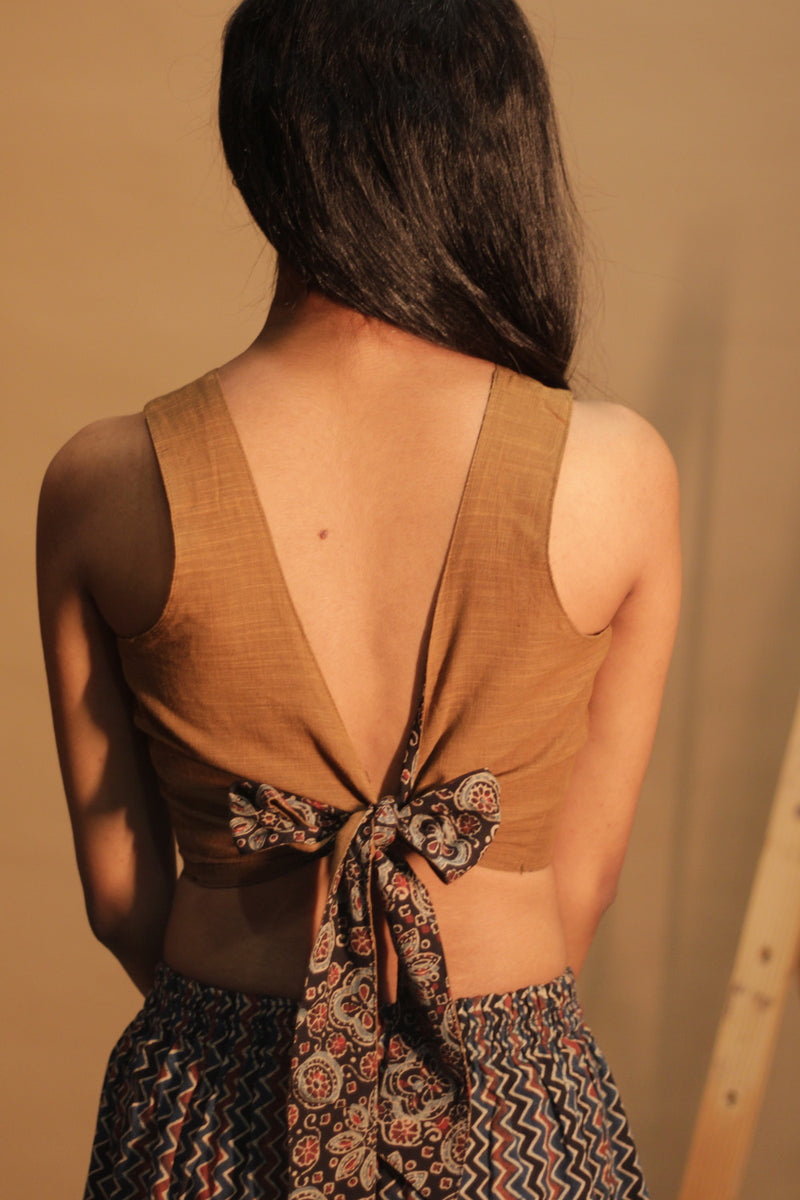 Mastaani | Reversible Blouse | Tan Brown with Noir Florals Ajrakh