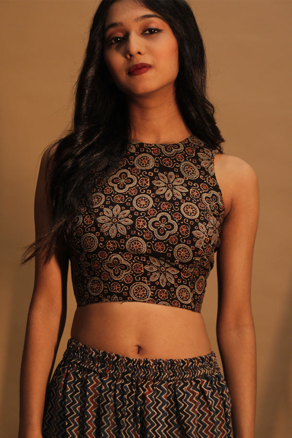 Mastaani | Reversible Blouse | Tan Brown with Noir Florals Ajrakh