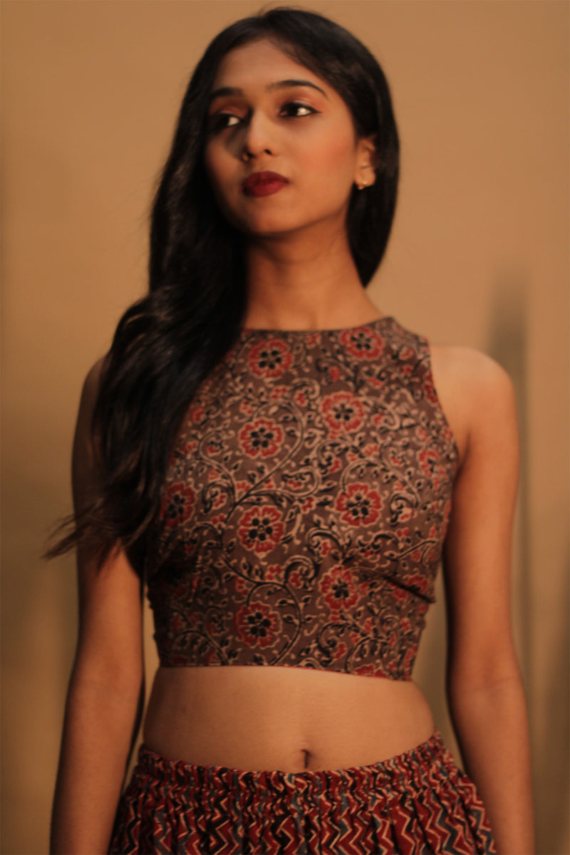 Mastaani | Reversible Blouse | Carrot Red with Brown Floral Ajrakh