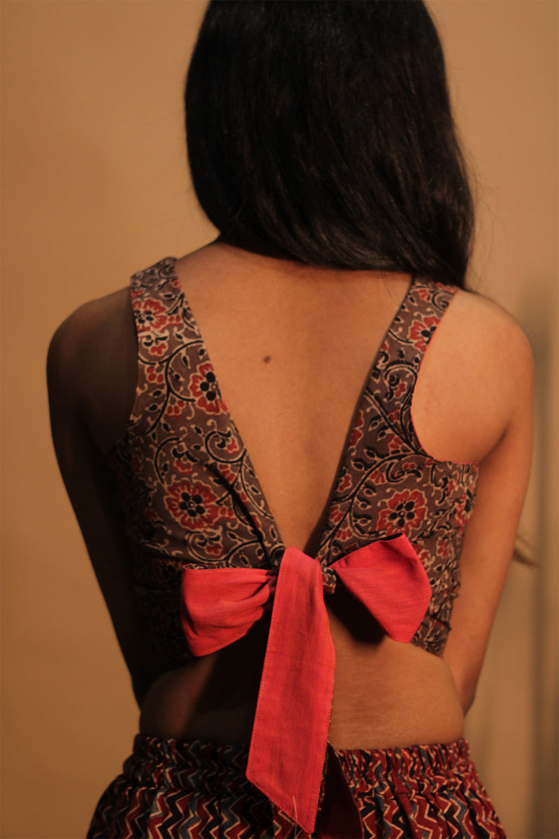Mastaani | Reversible Blouse | Carrot Red with Brown Floral Ajrakh