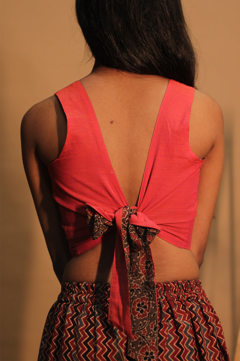 Mastaani | Reversible Blouse | Carrot Red with Brown Floral Ajrakh