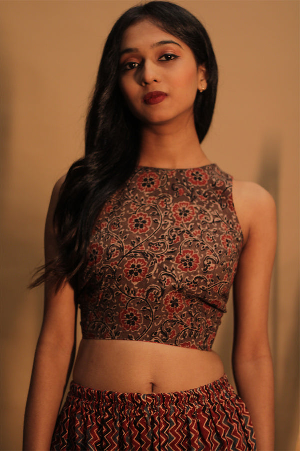 Mastaani | Reversible Blouse | Carrot Red with Brown Floral Ajrakh