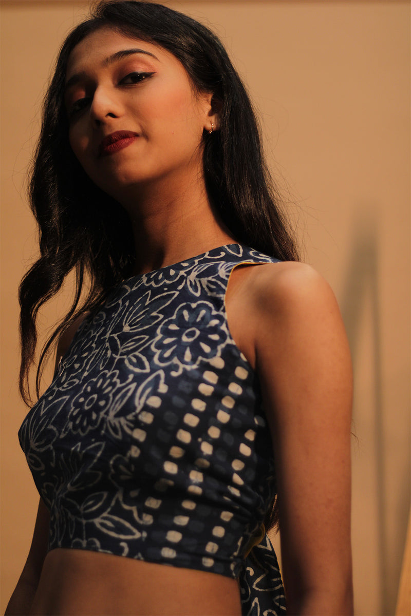 Mastaani | Reversible Blouse | Yellow with Indigo Floral