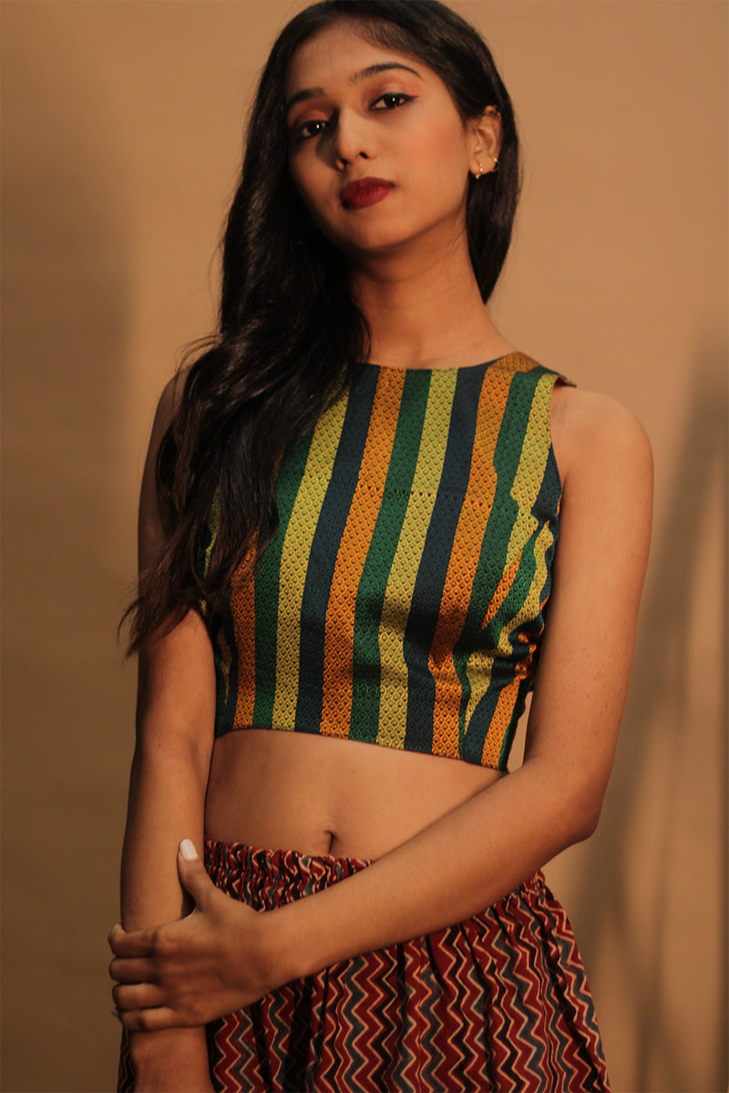 Mastaani | Reversible Blouse | Wine Red with Multicolour Striped Khunn
