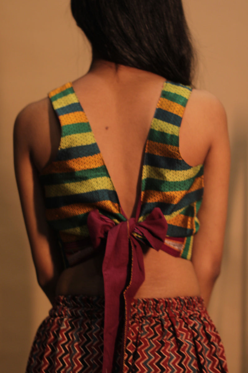 Mastaani | Reversible Blouse | Wine Red with Multicolour Striped Khunn