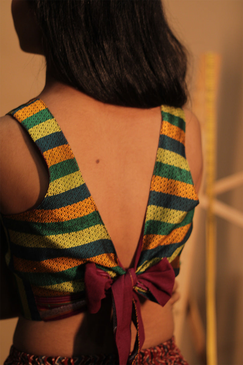 Mastaani | Reversible Blouse | Wine Red with Multicolour Striped Khunn
