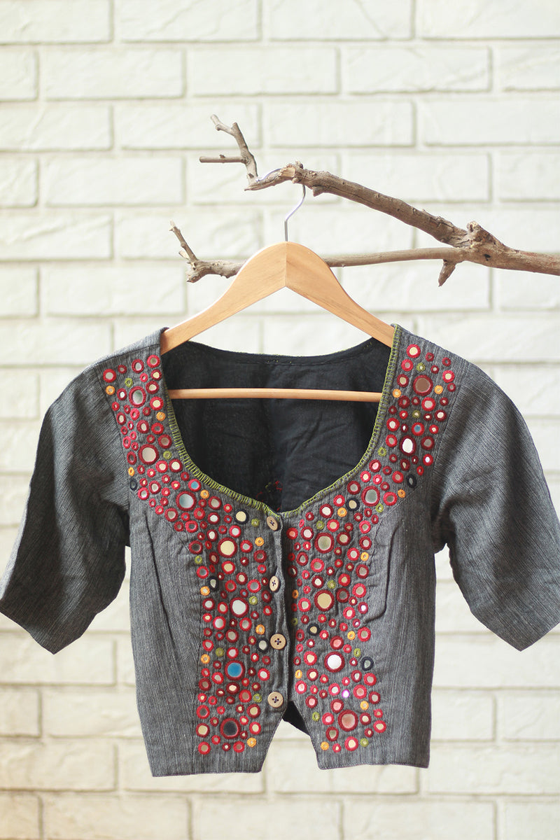 Gor Banjara | Embroidered Cropped Shirt / Blouse  | Grey