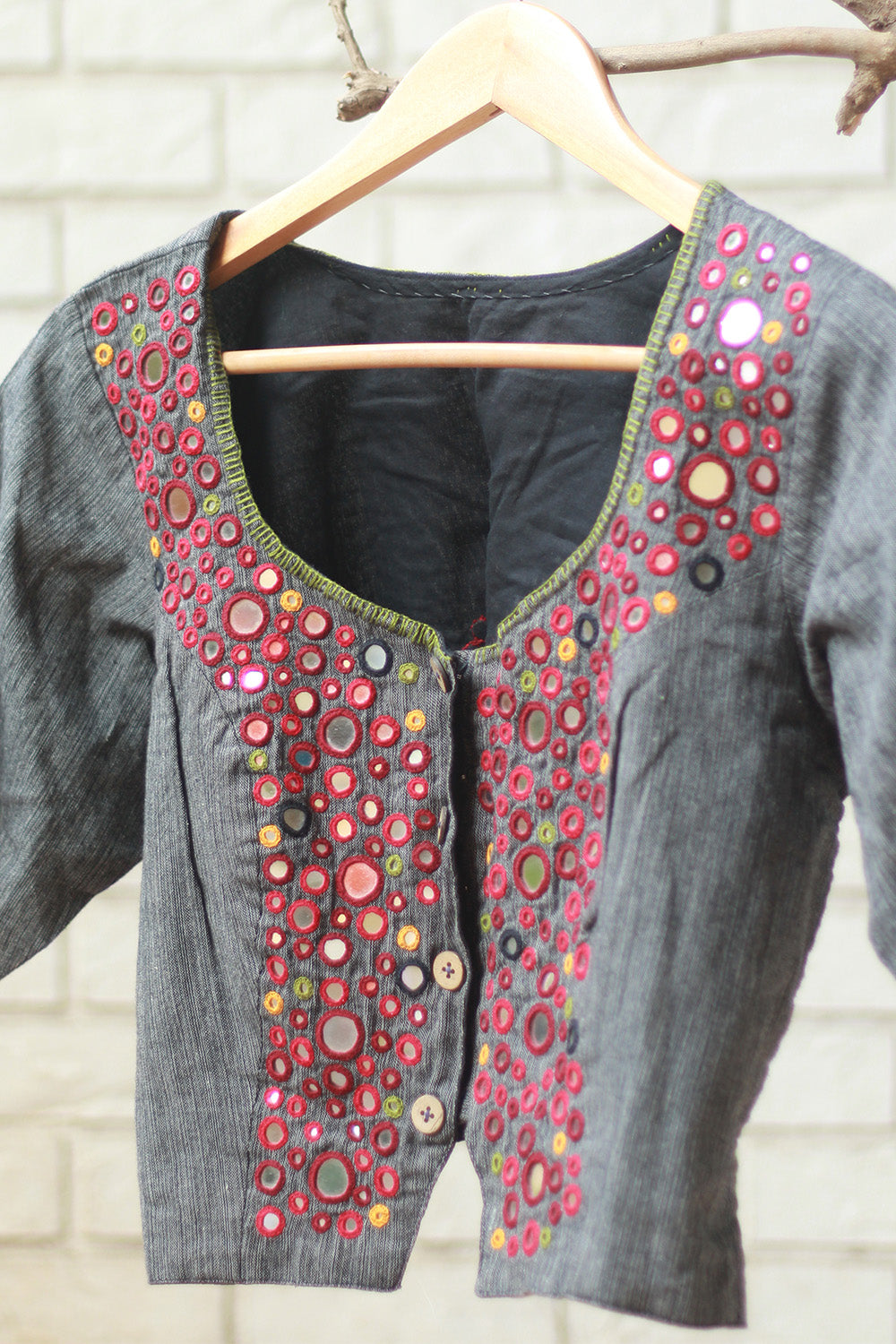 Gor Banjara | Embroidered Cropped Shirt-Blouse | Grey