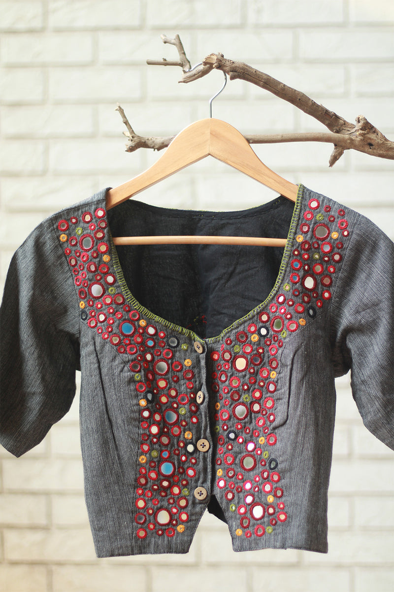 Gor Banjara | Embroidered Cropped Shirt / Blouse  | Grey