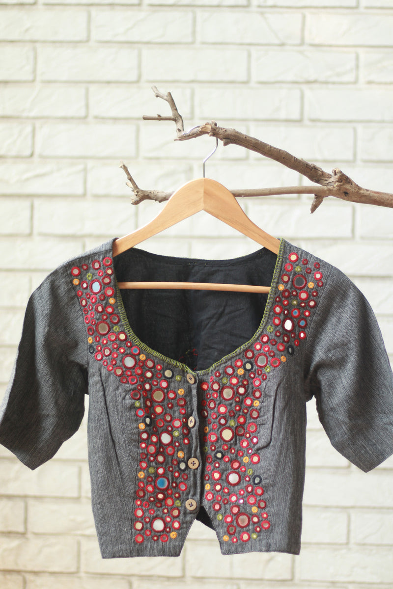 Gor Banjara | Embroidered Cropped Shirt / Blouse  | Grey