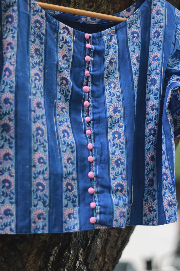 Potli Button Blouse | Cobalt Blue Blooms Sanganeri