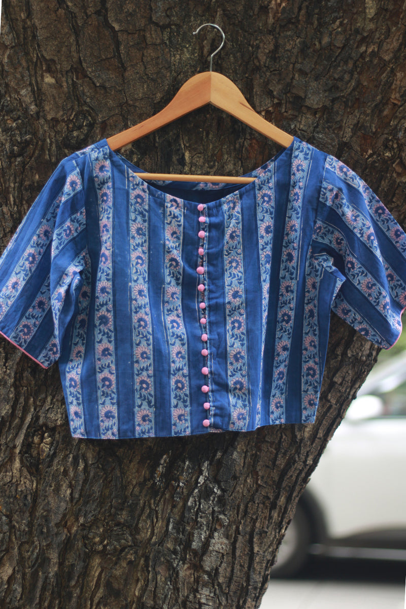 Potli Button Blouse | Cobalt Blue Blooms Sanganeri
