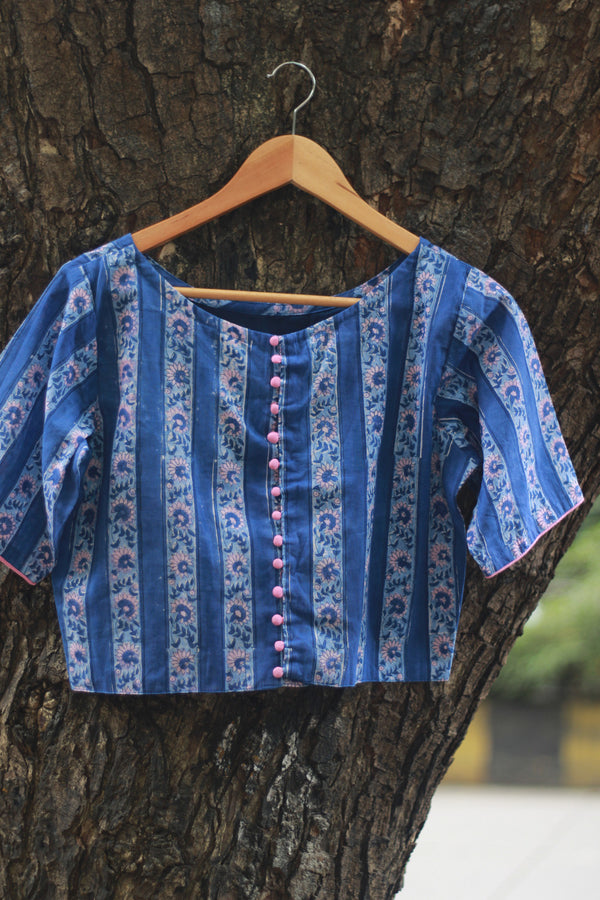 Potli Button Blouse | Cobalt Blue Blooms Sanganeri