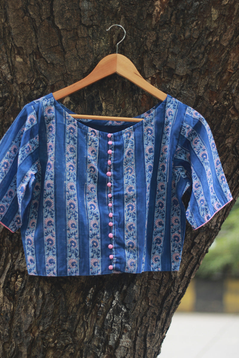 Potli Button Blouse | Cobalt Blue Blooms Sanganeri