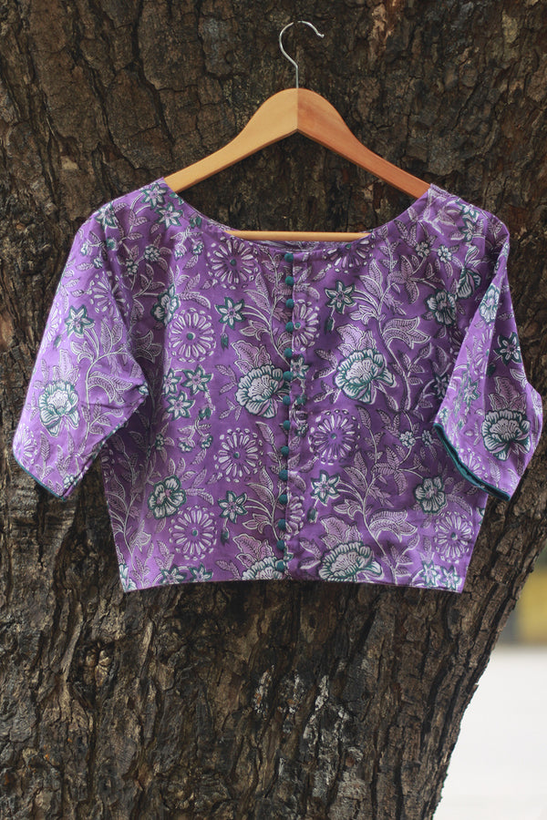 Potli Button Blouse | Violet Florals Sanganeri