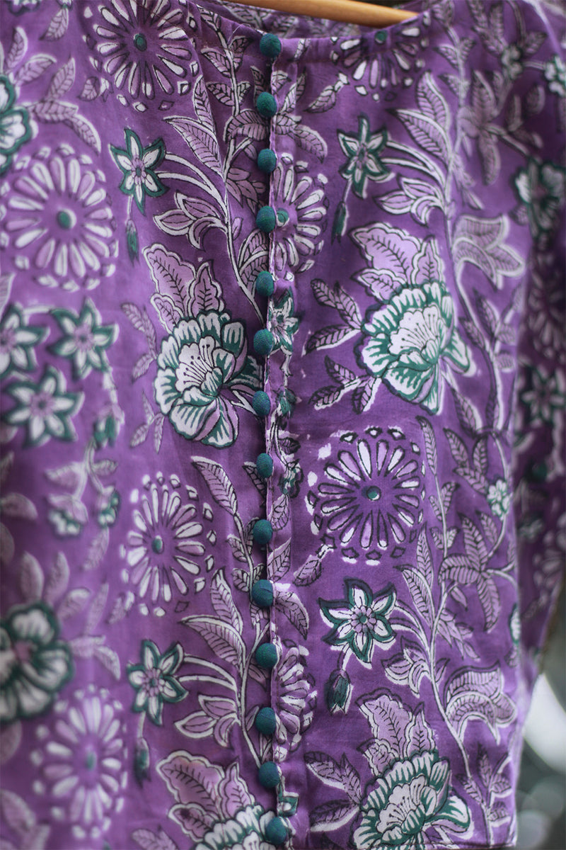 Potli Button Blouse | Violet Florals Sanganeri