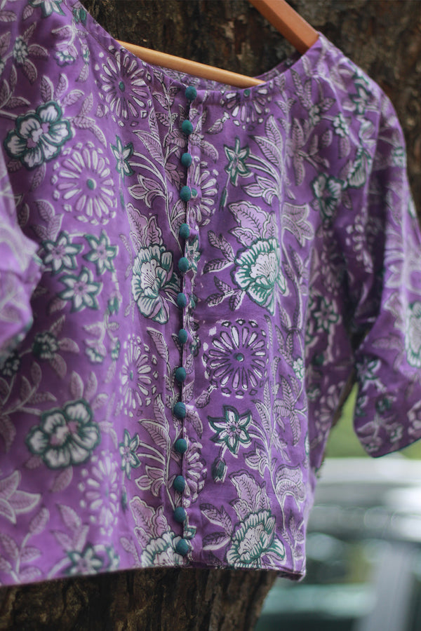Potli Button Blouse | Violet Florals Sanganeri