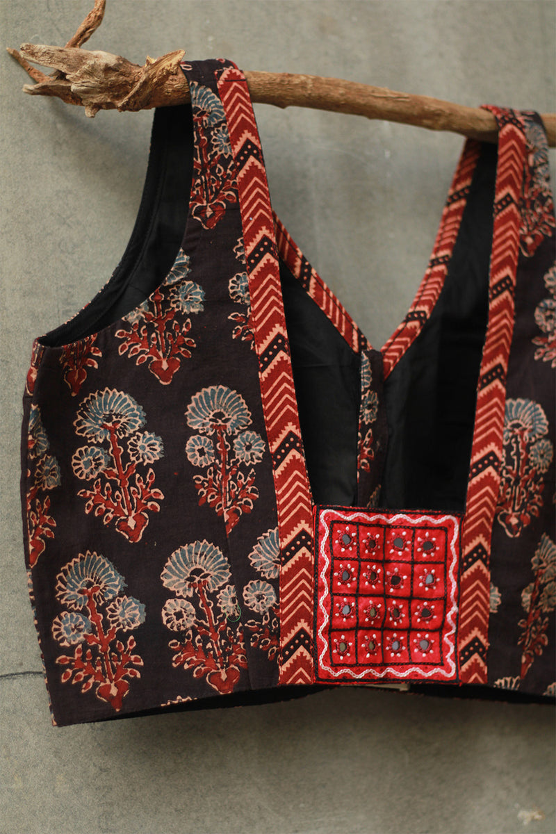 Sleeveless Mirrorwork Blouse | Ajrakh Medley