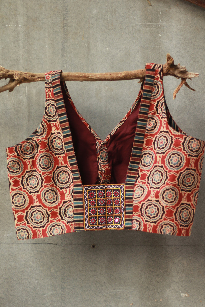 Sleeveless Mirrorwork Blouse | Ajrakh Medley