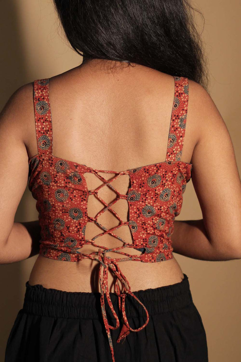 Moha | Backless Lace-Up Blouse | Rust Ajrakh