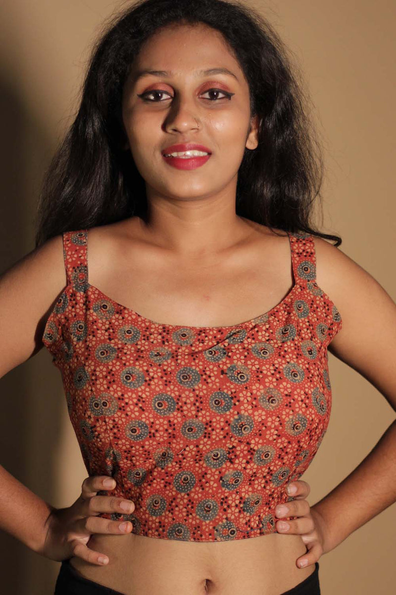 Moha | Backless Lace-Up Blouse | Rust Ajrakh
