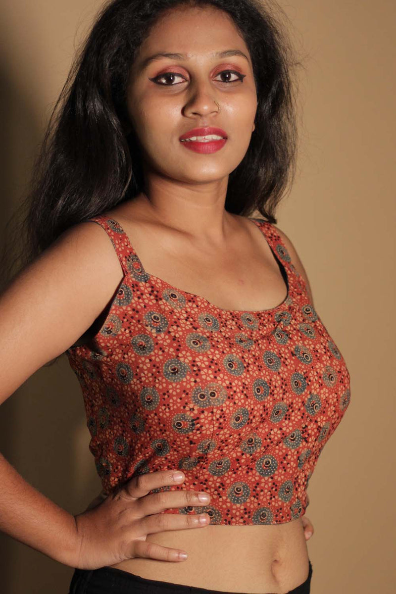 Moha | Backless Lace-Up Blouse | Rust Ajrakh