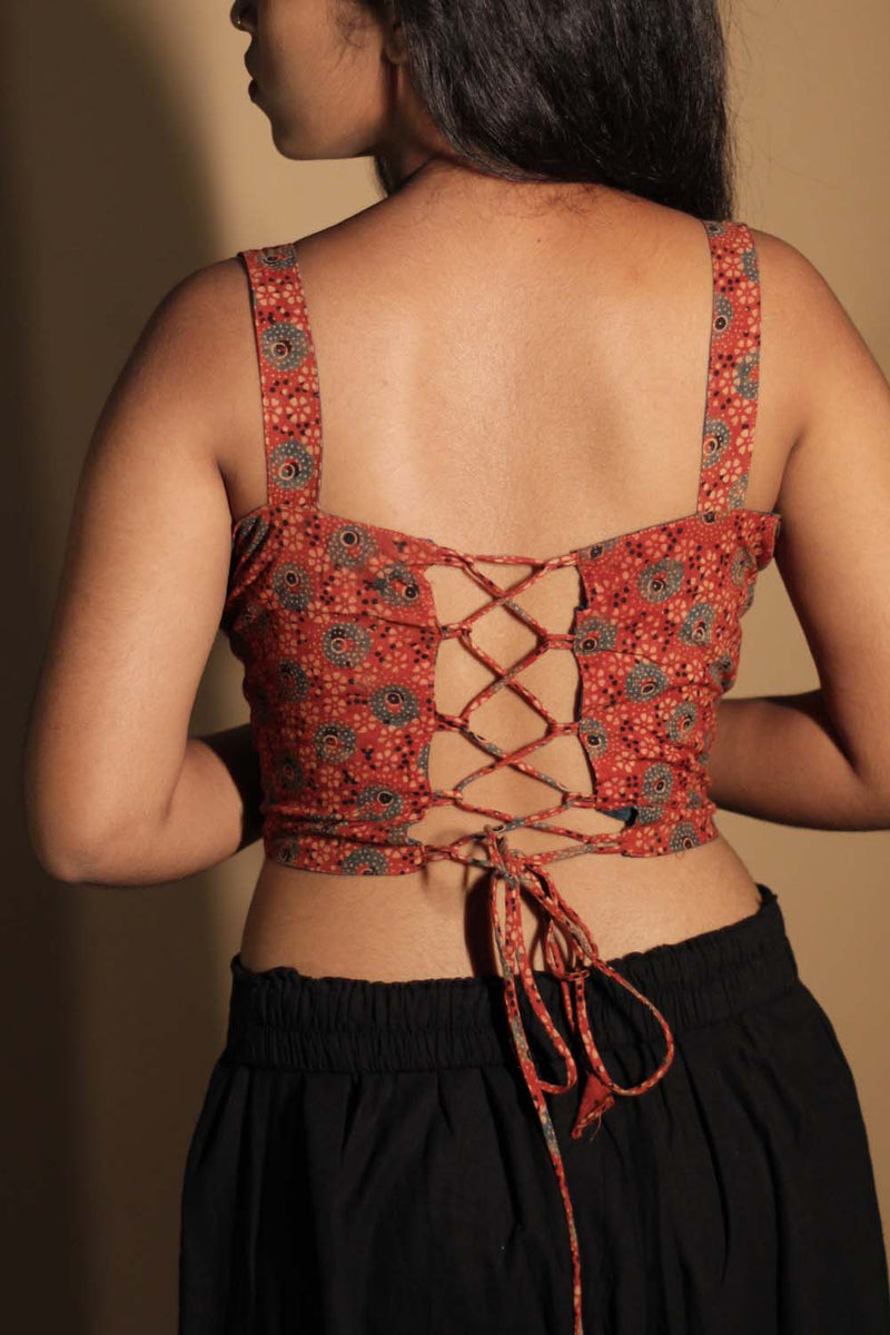 Moha | Backless Lace-Up Blouse | Rust Ajrakh