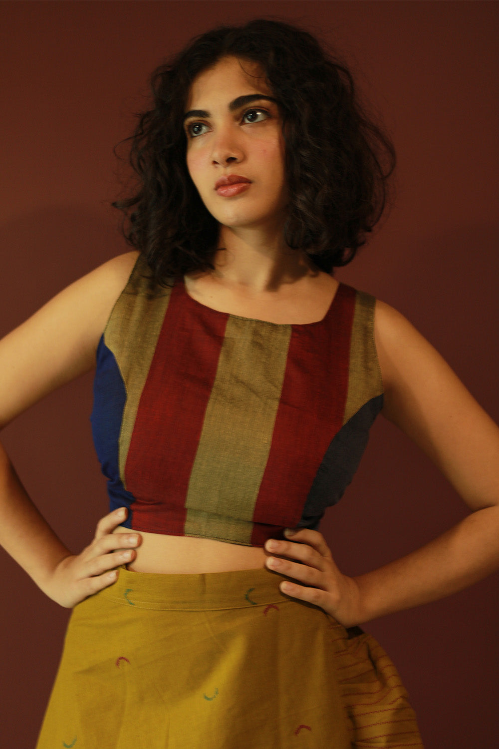 Mastaani | Reversible Blouse | Navy Sanganeri With Multicolour Stripes