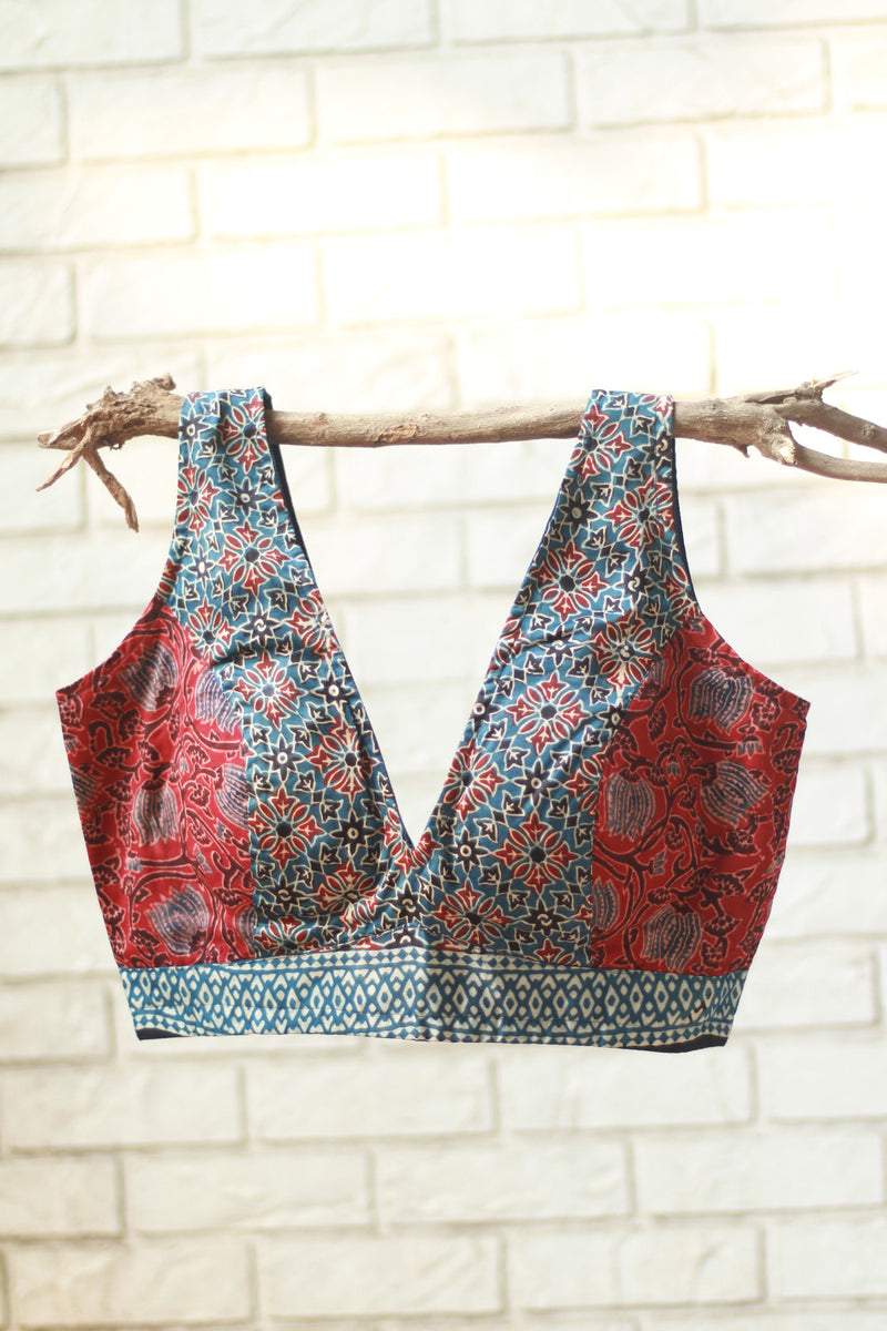 Sleeveless Blouse | Modal Silk | Indigo & Madder Floral Ajrakh