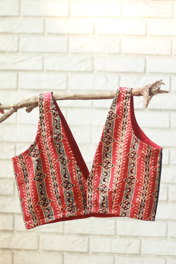 Sleeveless Blouse | Modal Silk | Noir with Scarlet Ajrakh