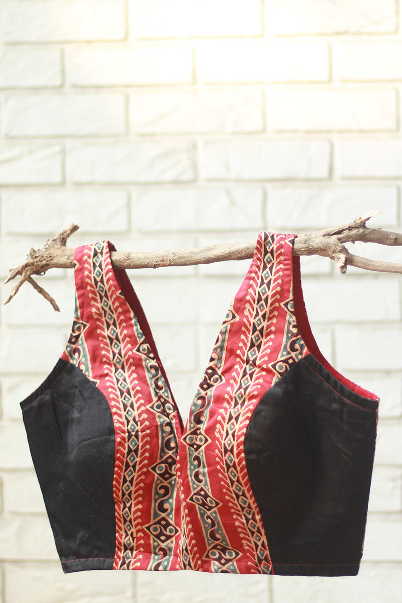 Sleeveless Blouse | Modal Silk | Noir with Scarlet Ajrakh