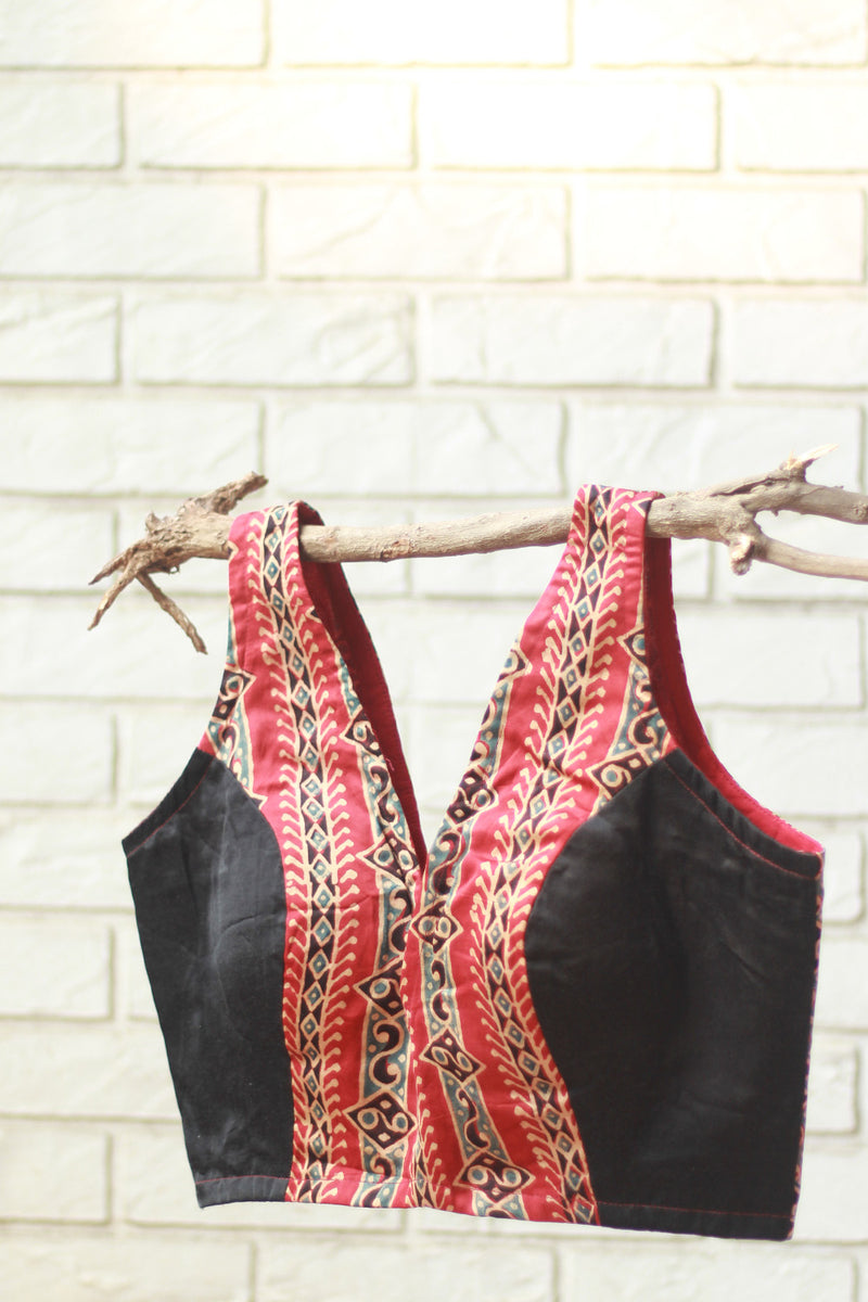 Sleeveless Blouse | Modal Silk | Noir with Scarlet Ajrakh