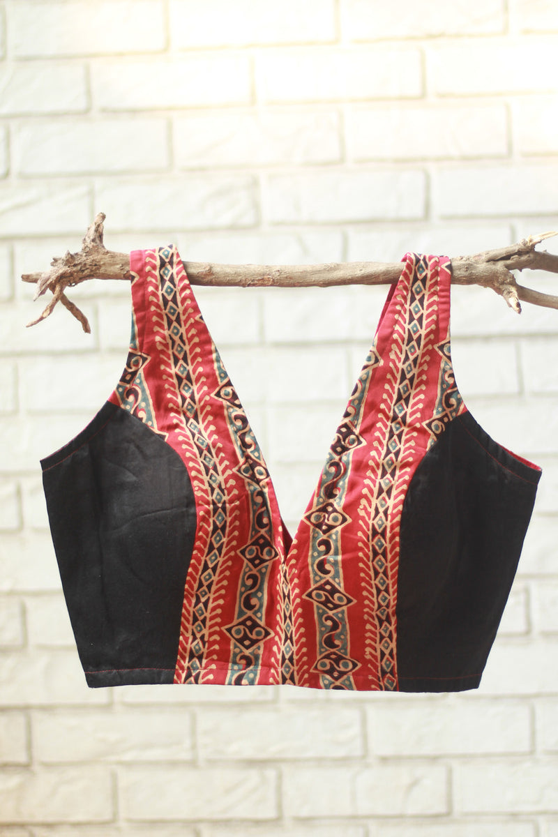 Sleeveless Blouse | Modal Silk | Noir with Scarlet Ajrakh