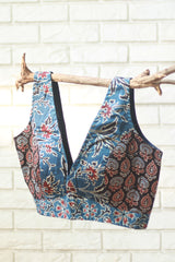 Sleeveless Blouse | Modal Silk | Navy Floral Ajrakh