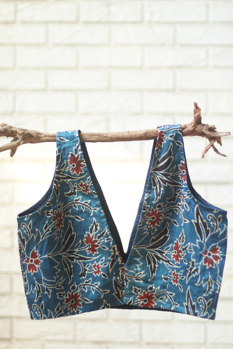 Sleeveless Blouse | Modal Silk | Navy Floral Ajrakh