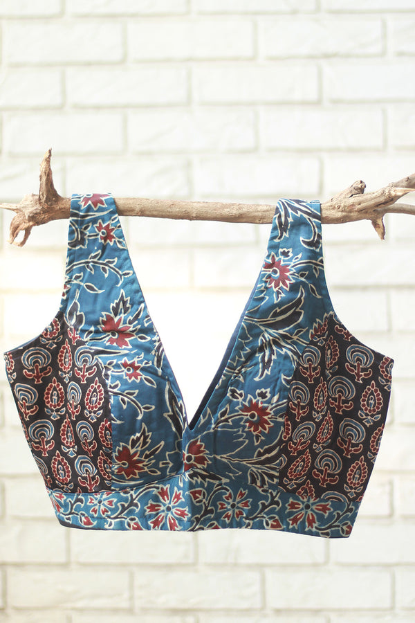 Sleeveless Blouse | Modal Silk | Navy Floral Ajrakh