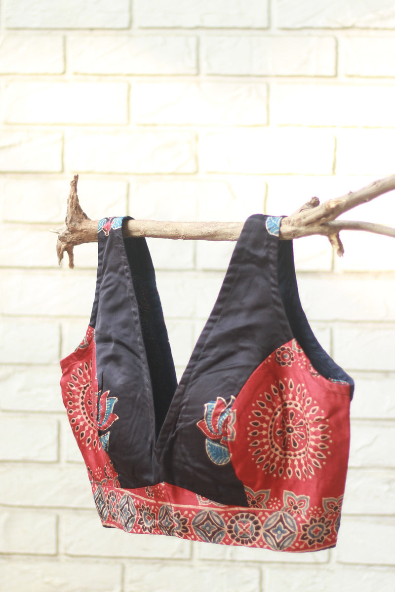 Sleeveless Blouse | Modal Silk | Rouge with Noir Lotus Ajrakh