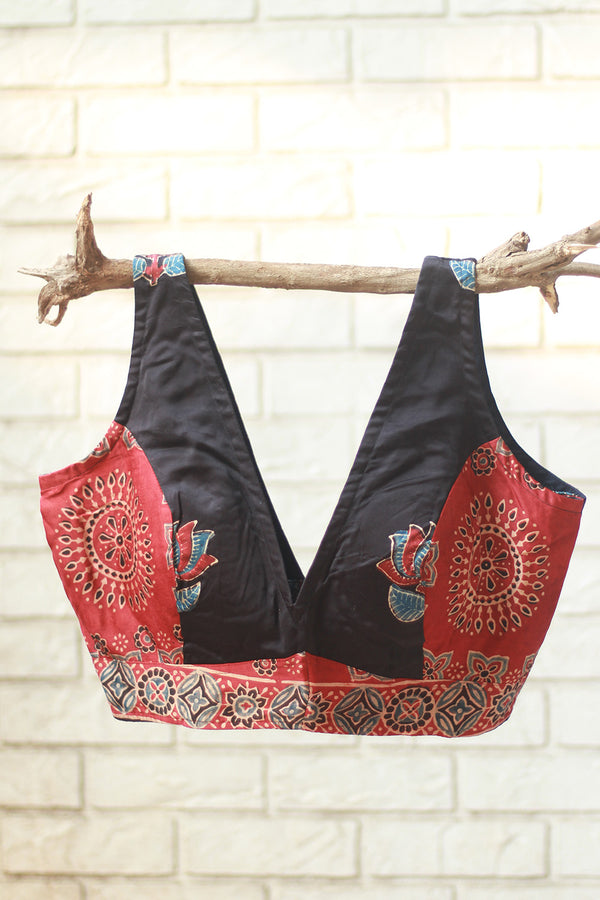 Sleeveless Blouse | Modal Silk | Rouge with Noir Lotus Ajrakh