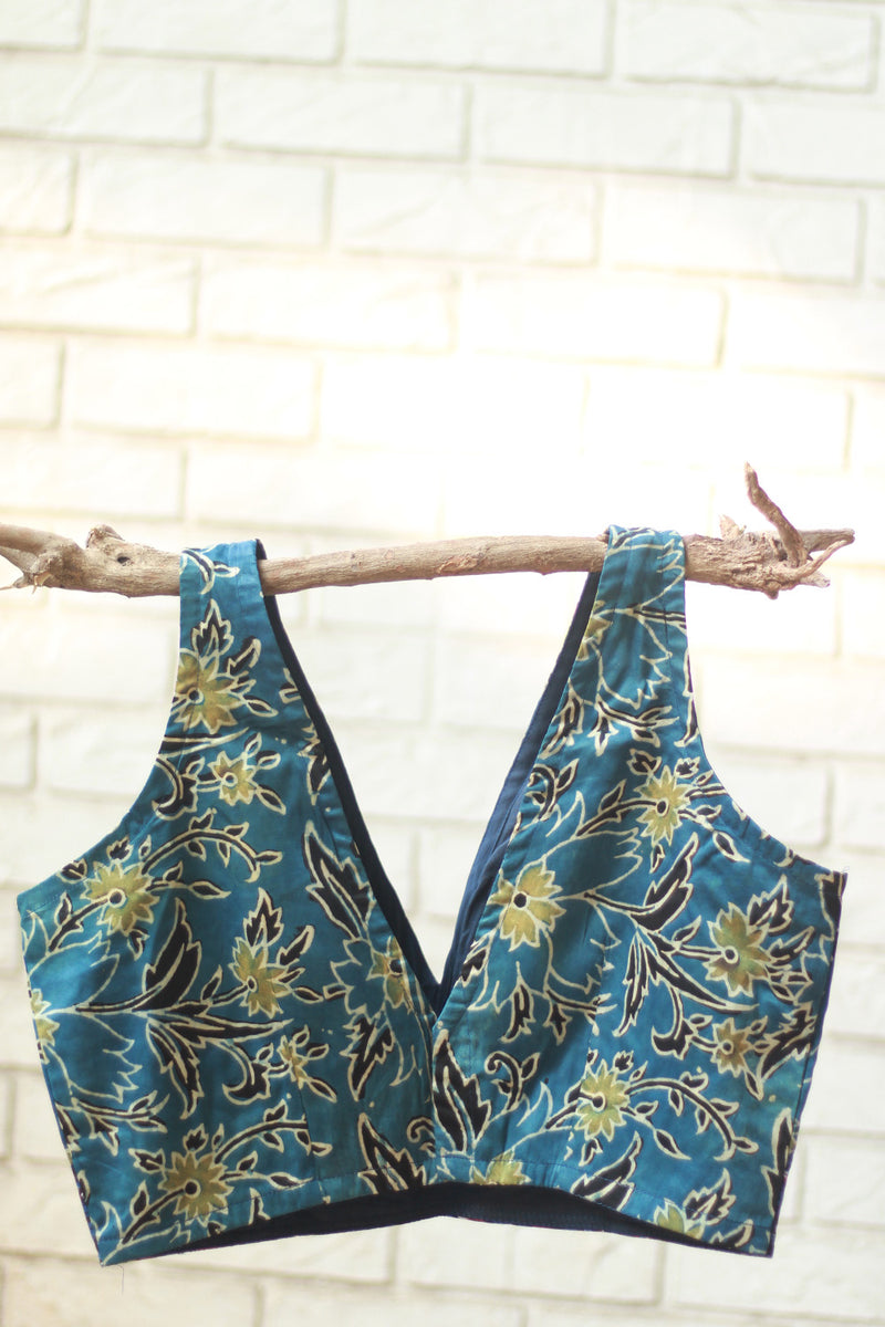 Sleeveless Blouse | Modal Silk | Cyan Floral