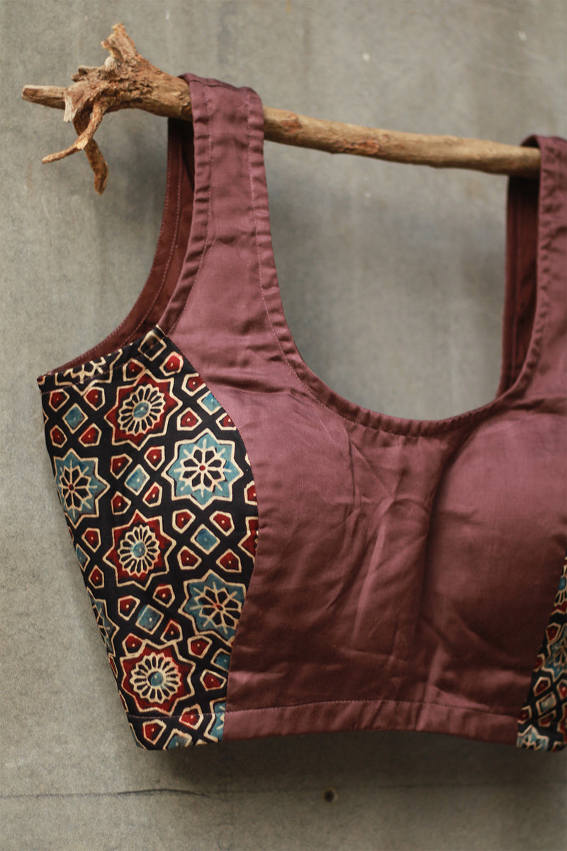 Sleeveless Blouse | Modal Silk | Tan with Ajrakh