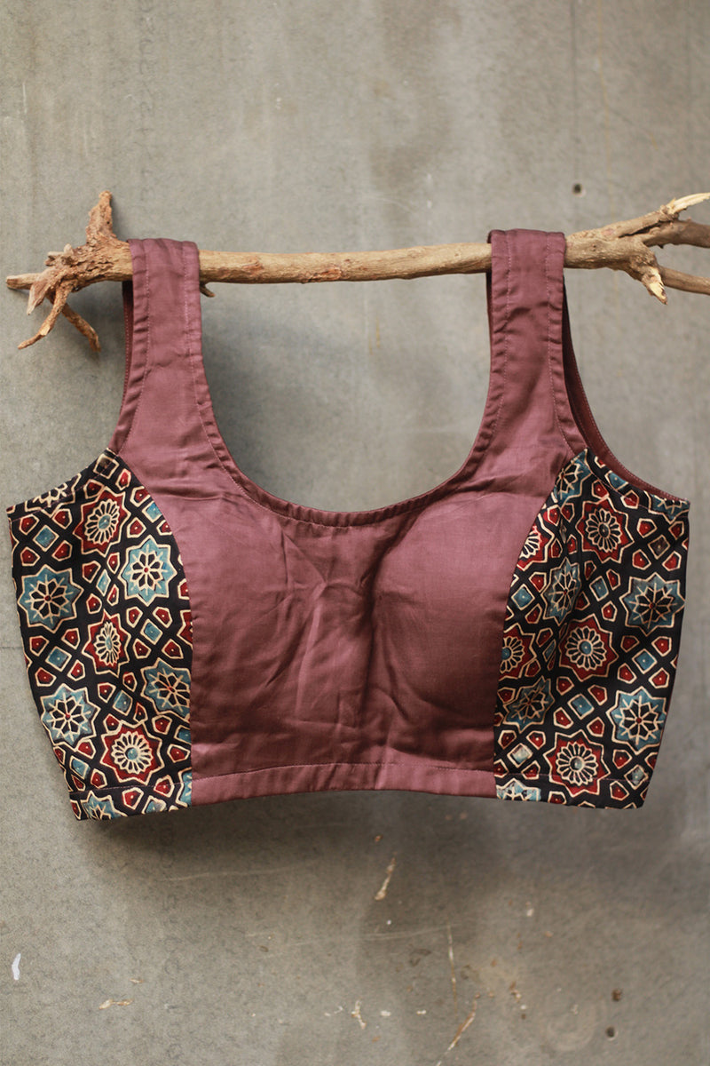 Sleeveless Blouse | Modal Silk | Tan with Ajrakh