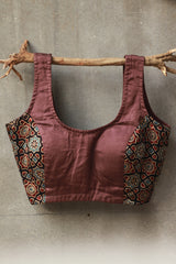 Sleeveless Blouse | Modal Silk | Tan with Ajrakh