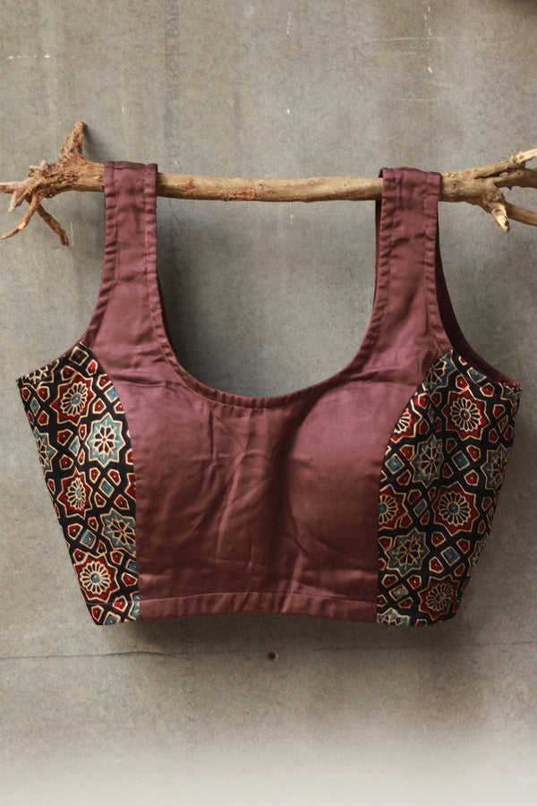 Sleeveless Blouse | Modal Silk | Tan with Ajrakh